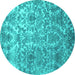 Round Machine Washable Abstract Turquoise Contemporary Area Rugs, wshcon1281turq