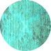 Round Machine Washable Abstract Turquoise Contemporary Area Rugs, wshcon1282turq