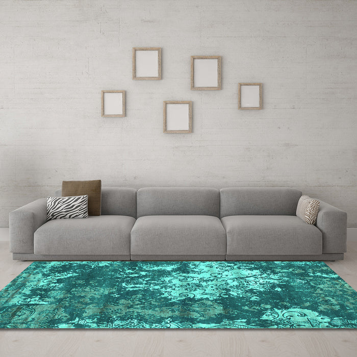 Machine Washable Abstract Turquoise Contemporary Area Rugs in a Living Room,, wshcon1293turq