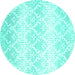 Round Machine Washable Abstract Turquoise Contemporary Area Rugs, wshcon1296turq