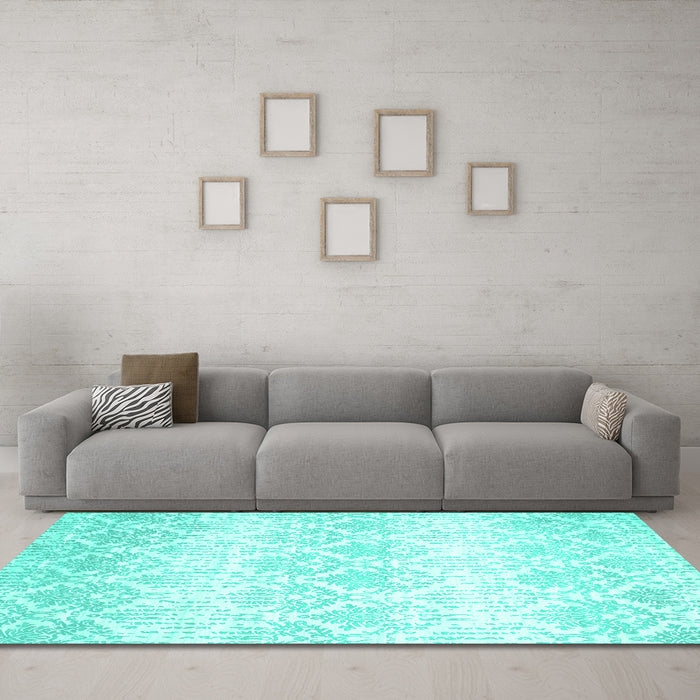 Machine Washable Abstract Turquoise Contemporary Area Rugs in a Living Room,, wshcon1296turq