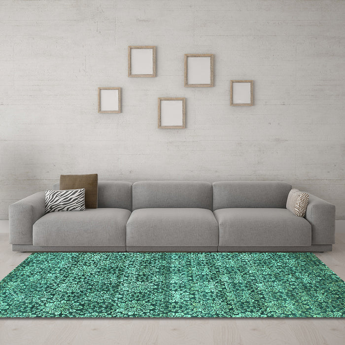 Machine Washable Abstract Turquoise Contemporary Area Rugs in a Living Room,, wshcon1299turq