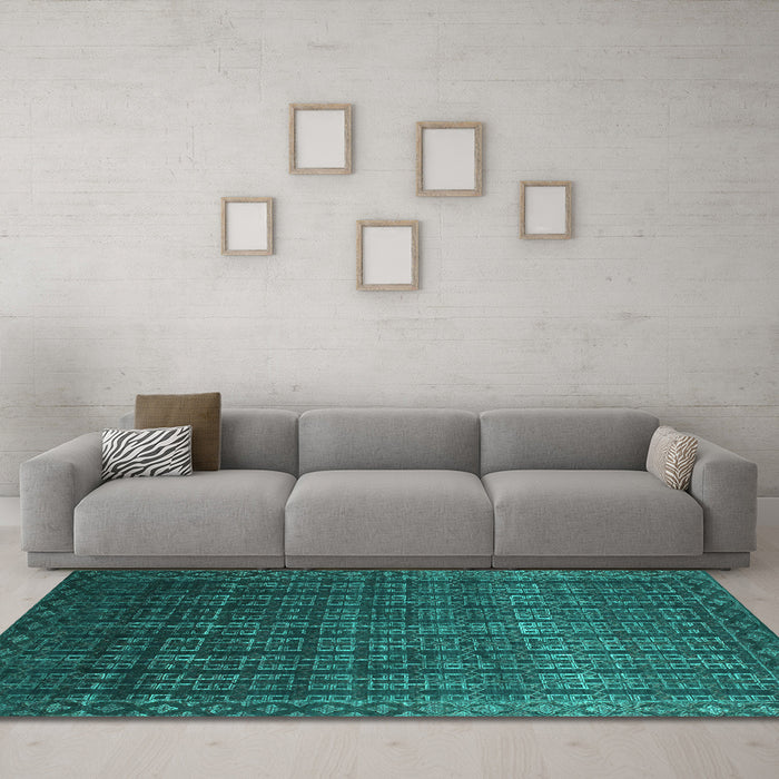 Machine Washable Abstract Turquoise Contemporary Area Rugs in a Living Room,, wshcon1301turq