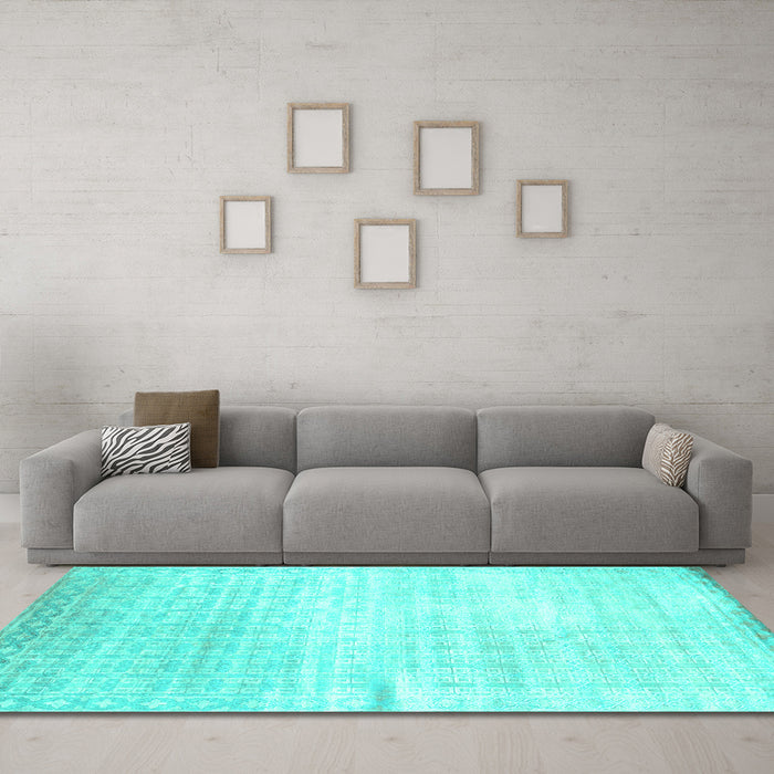 Machine Washable Abstract Turquoise Contemporary Area Rugs in a Living Room,, wshcon1305turq