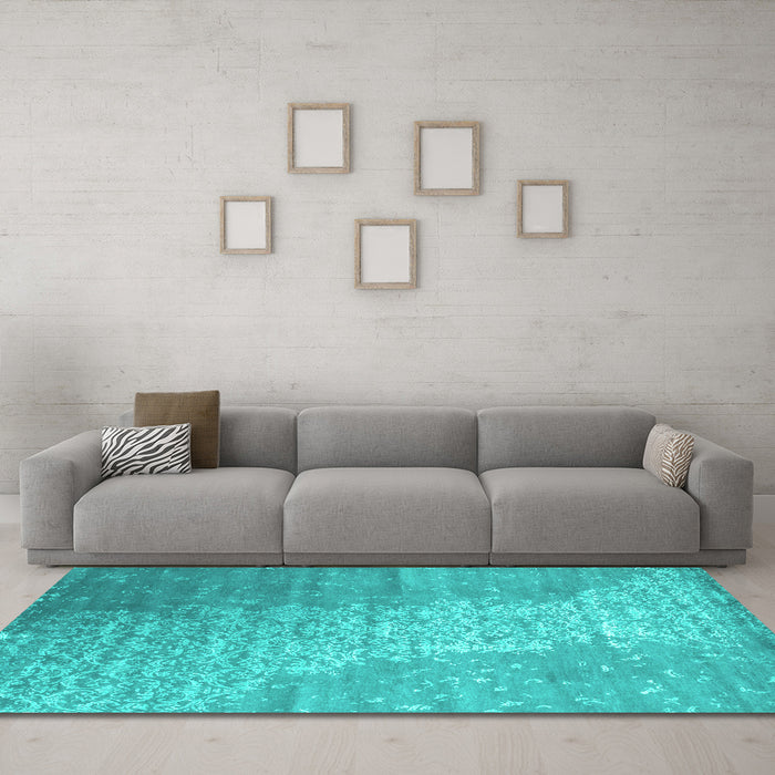 Machine Washable Abstract Turquoise Contemporary Area Rugs in a Living Room,, wshcon1306turq