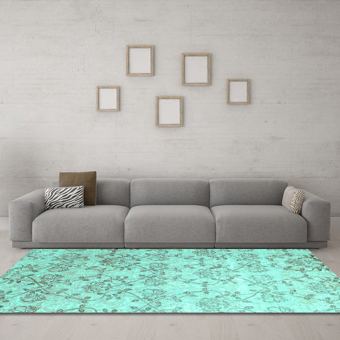 Machine Washable Abstract Turquoise Contemporary Area Rugs in a Living Room,, wshcon1307turq