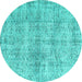 Round Machine Washable Abstract Turquoise Contemporary Area Rugs, wshcon1315turq