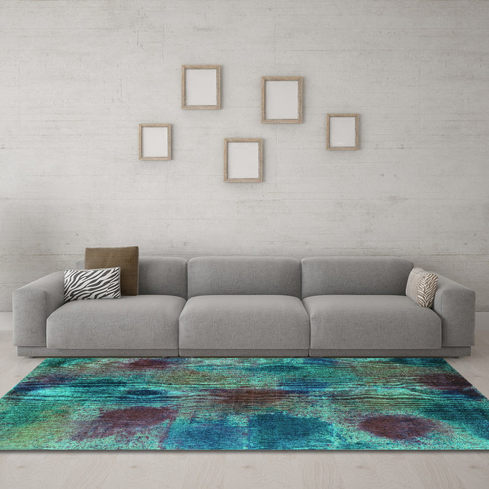 Machine Washable Abstract Turquoise Contemporary Area Rugs in a Living Room,, wshcon1316turq