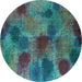 Round Machine Washable Abstract Turquoise Contemporary Area Rugs, wshcon1316turq