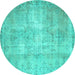 Round Machine Washable Abstract Turquoise Contemporary Area Rugs, wshcon1319turq