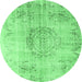 Round Machine Washable Abstract Emerald Green Contemporary Area Rugs, wshcon1329emgrn