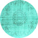 Round Machine Washable Abstract Turquoise Contemporary Area Rugs, wshcon1329turq