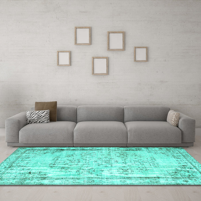 Machine Washable Abstract Turquoise Contemporary Area Rugs in a Living Room,, wshcon1335turq