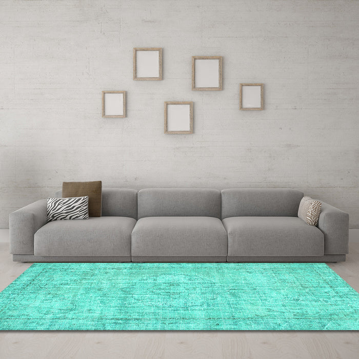 Machine Washable Abstract Turquoise Contemporary Area Rugs in a Living Room,, wshcon1341turq