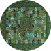 Round Machine Washable Abstract Turquoise Contemporary Area Rugs, wshcon1345turq