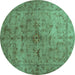 Round Machine Washable Abstract Turquoise Contemporary Area Rugs, wshcon1346turq