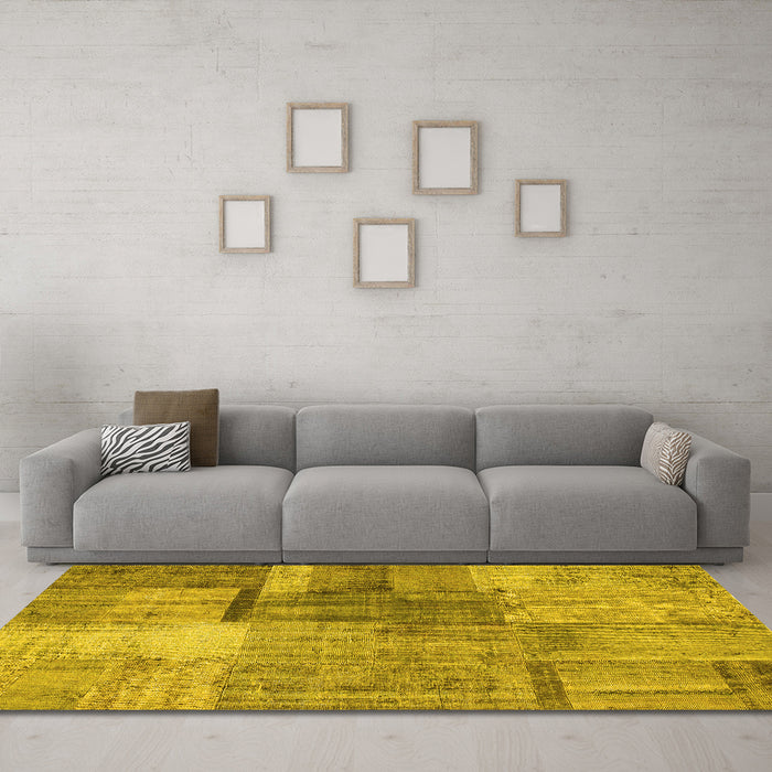 Machine Washable Patchwork Yellow Transitional Rug in a Living Room, wshcon1361yw