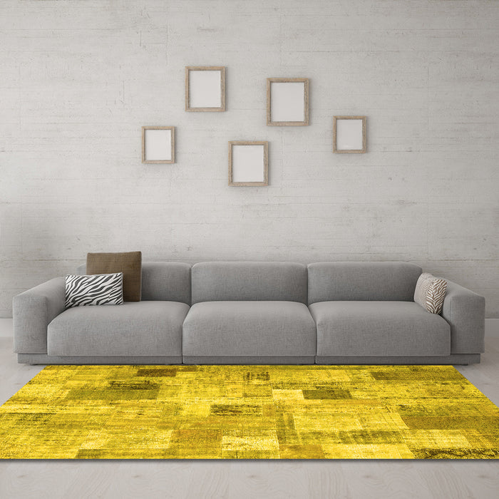 Machine Washable Patchwork Yellow Transitional Rug in a Living Room, wshcon1362yw