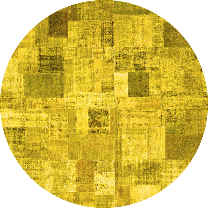 Round Machine Washable Patchwork Yellow Transitional Rug, wshcon1362yw