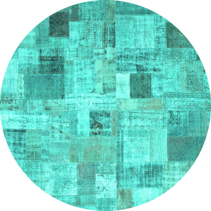 Round Machine Washable Patchwork Turquoise Transitional Area Rugs, wshcon1362turq