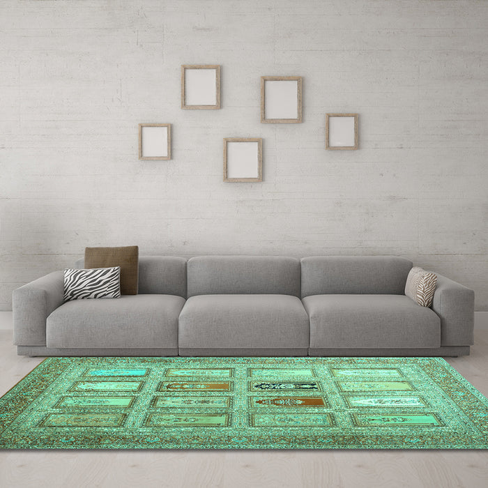 Machine Washable Abstract Turquoise Contemporary Area Rugs in a Living Room,, wshcon1376turq