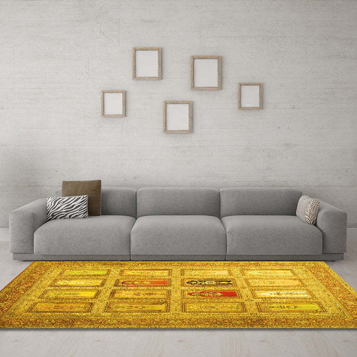 Machine Washable Abstract Yellow Contemporary Rug in a Living Room, wshcon1376yw