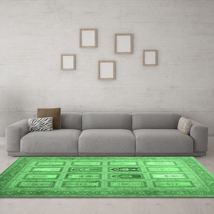 Machine Washable Abstract Emerald Green Contemporary Area Rugs in a Living Room,, wshcon1376emgrn