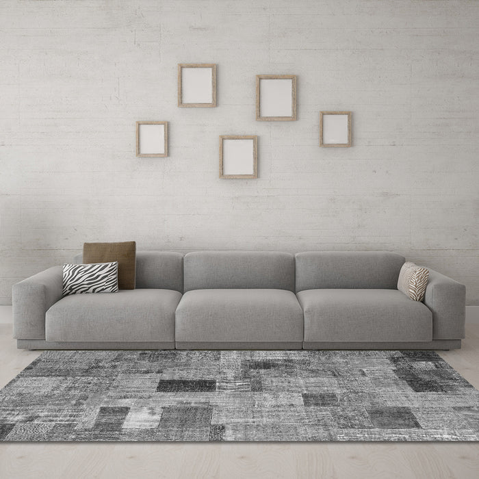 Machine Washable Patchwork Gray Transitional Rug in a Living Room,, wshcon1378gry