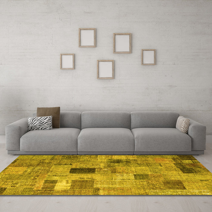 Machine Washable Patchwork Yellow Transitional Rug in a Living Room, wshcon1378yw
