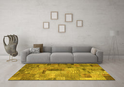 Machine Washable Patchwork Yellow Transitional Rug in a Living Room, wshcon1379yw