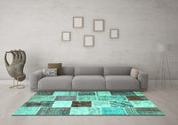 Machine Washable Patchwork Turquoise Transitional Rug, wshcon1381turq