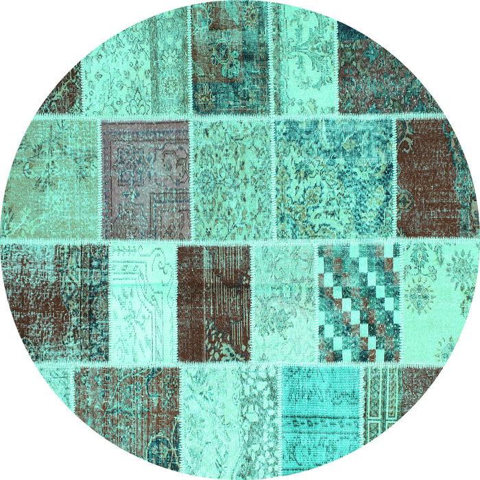 Round Machine Washable Patchwork Turquoise Transitional Area Rugs, wshcon1381turq