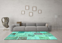 Machine Washable Patchwork Turquoise Transitional Rug, wshcon1382turq