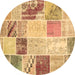 Round Machine Washable Patchwork Brown Transitional Rug, wshcon1383brn