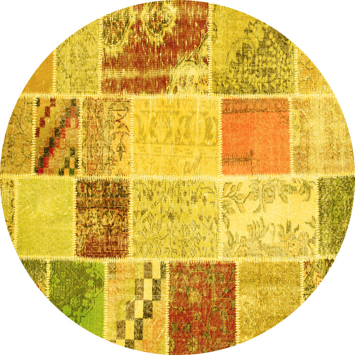 Round Machine Washable Patchwork Yellow Transitional Rug, wshcon1383yw