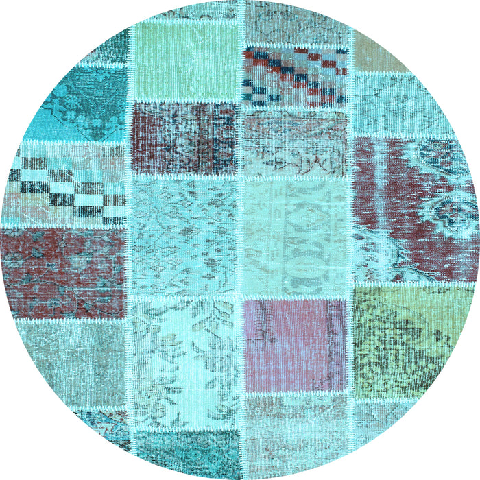 Round Machine Washable Patchwork Light Blue Transitional Rug, wshcon1383lblu