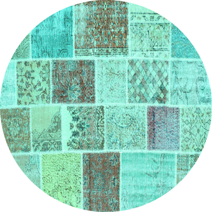 Round Machine Washable Patchwork Turquoise Transitional Area Rugs, wshcon1384turq