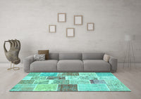 Machine Washable Patchwork Turquoise Transitional Rug, wshcon1384turq