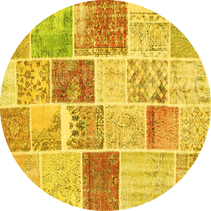 Round Machine Washable Patchwork Yellow Transitional Rug, wshcon1384yw