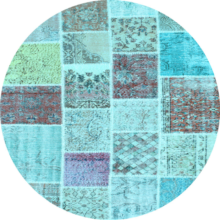 Round Machine Washable Patchwork Light Blue Transitional Rug, wshcon1384lblu