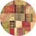 Round Machine Washable Patchwork Brown Transitional Rug, wshcon1385brn