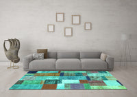 Machine Washable Patchwork Turquoise Transitional Rug, wshcon1385turq