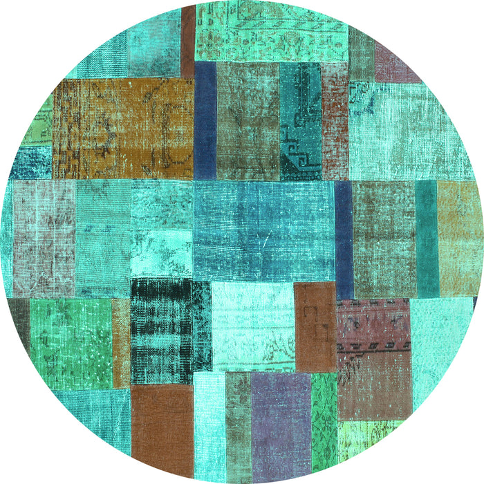 Round Machine Washable Patchwork Turquoise Transitional Area Rugs, wshcon1385turq
