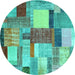 Round Machine Washable Patchwork Turquoise Transitional Area Rugs, wshcon1386turq