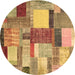 Round Machine Washable Patchwork Brown Transitional Rug, wshcon1386brn