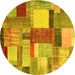 Round Machine Washable Patchwork Yellow Transitional Rug, wshcon1386yw