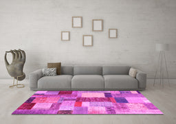 Machine Washable Patchwork Pink Transitional Rug in a Living Room, wshcon1386pnk