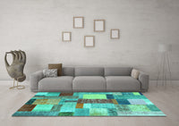 Machine Washable Patchwork Turquoise Transitional Rug, wshcon1386turq