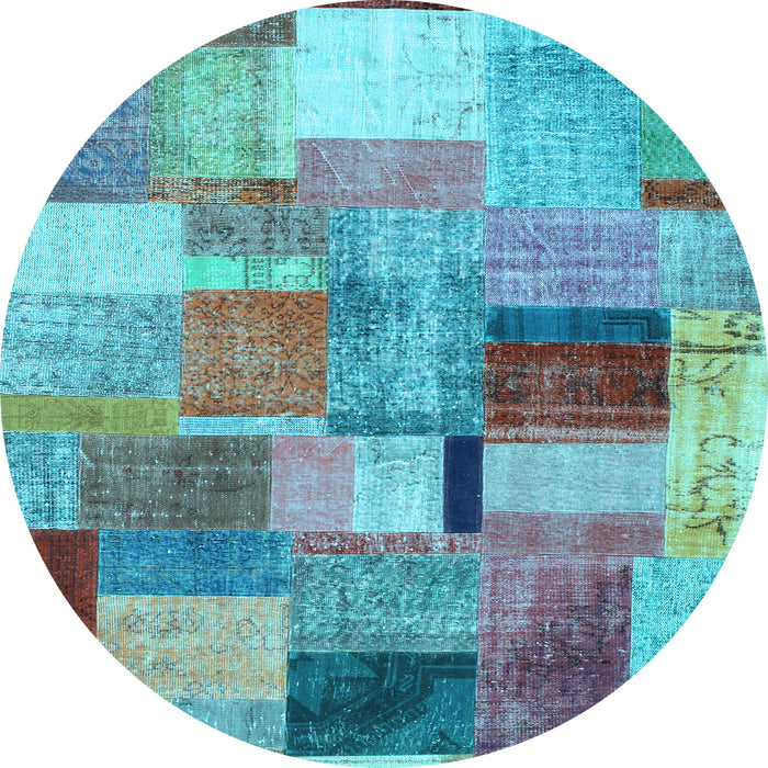 Round Machine Washable Patchwork Light Blue Transitional Rug, wshcon1387lblu