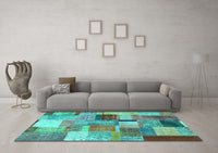 Machine Washable Patchwork Turquoise Transitional Rug, wshcon1387turq